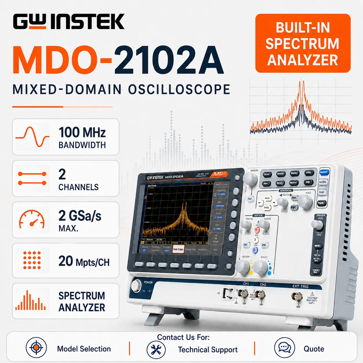 GWINSTEK MDO-2102A/2202A/2302A Mixed-Domain Oscilloscope, 2-Channel, 100/200/300 MHz, Spectrum Analyzer, 2 GSa/s