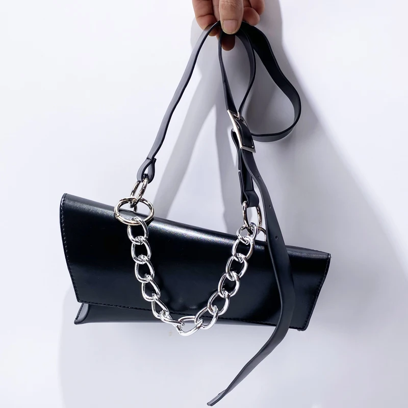 Black Messenger Bag For Women Luxury Designer Handbags Purses 2024 New In Fashion Asymmetrical Chain Decorate Shoulder Crossbody