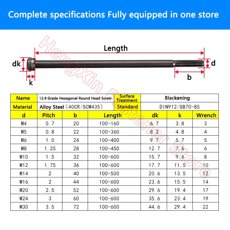 Ultra Long M14 M16 M18 M20 M24 M30 Half Thread Hexagon Hex Socket Head Cap Allen Screw Length 210-460mm Grade 12.9 Alloy Steel