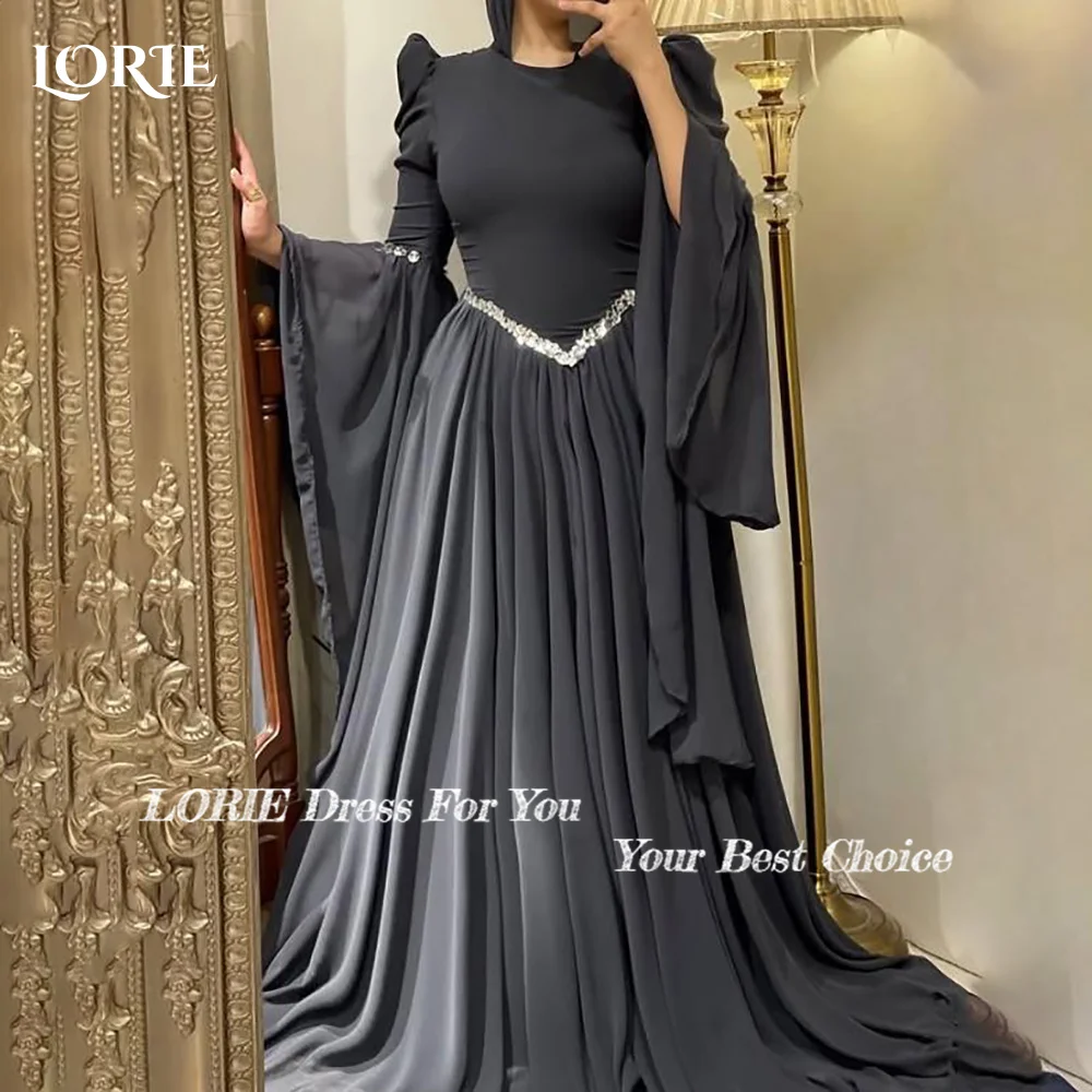 LORIE เจียมเนื้อเจียมตัว Crepe ชุดราตรีจีบพัฟแขนยาวความยาวชุดราตรี Ruched ภาพลวงตา Arabia Party Gowns ที่กําหนดเอง