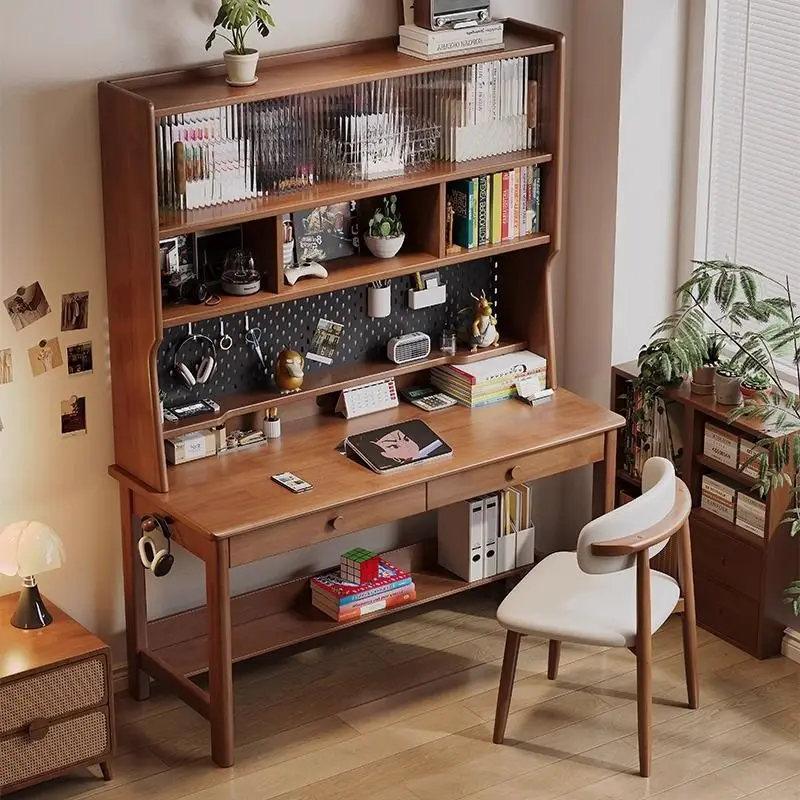 Nordic solid wood desk bookshelf integrated student home multi-functional hole board study table bookcase combination computer