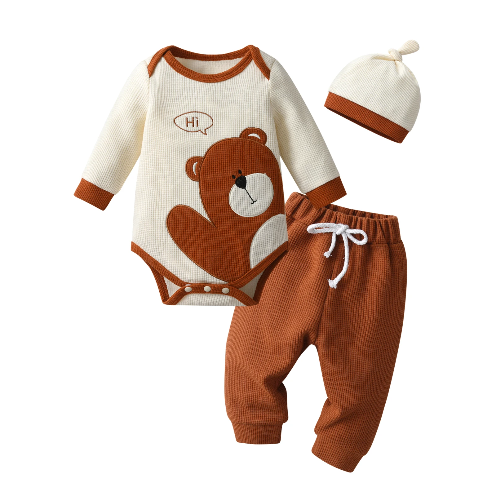 Cute Bear Printed Newborn Infant Baby Boy Clothes Set Spring Autumn Long Sleeve Romper Bodysuit Top and Pants Hat 3PCS Outfit