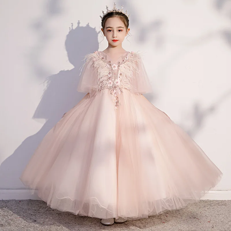 Customized Pink Ball Gown Baby Flower Girl Dresses Tulle Appliques Children Wedding Prom Birthday Party Gowns