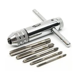 Adjustable Silver T-Handle Ratchet Tap Holder Wrench with 5pcs M3-M8 3mm-8mm Machine Screw Thread Metric Plug T-shaped Tap