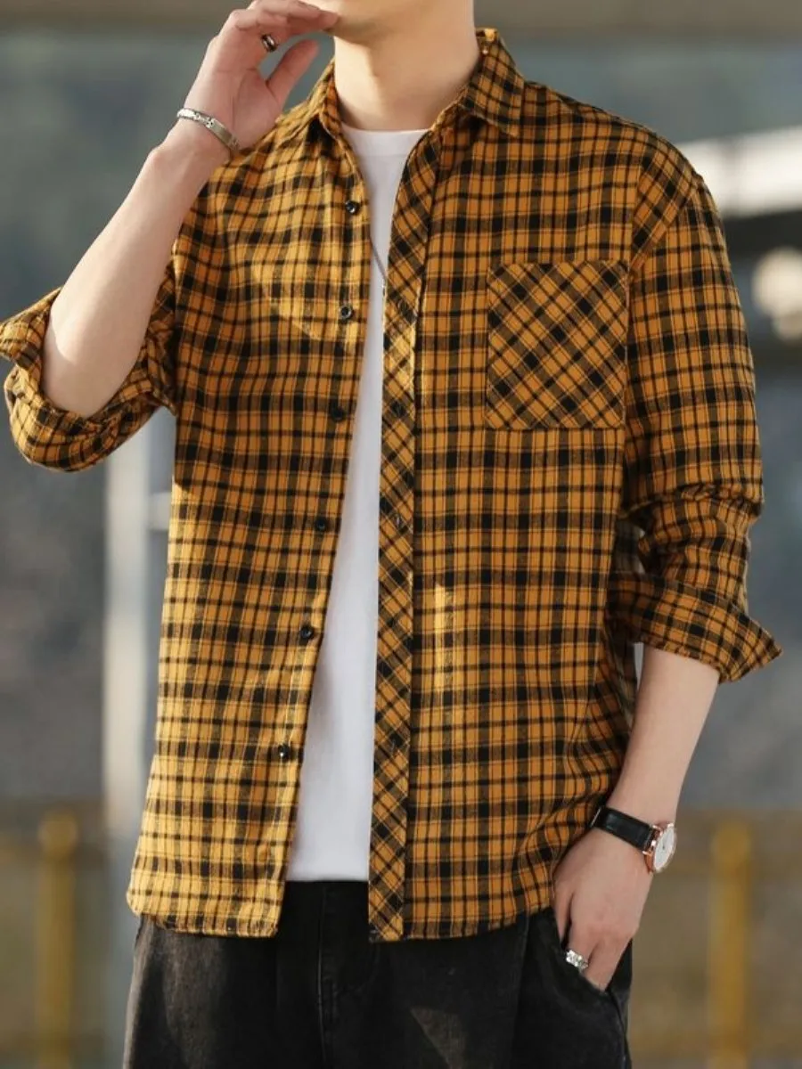 

Retro Plaid Men's irt Casual Loose Long Sve Outerwear Sli Versatile Spring Faion Ci Walk Suitable for Middle-Age...
