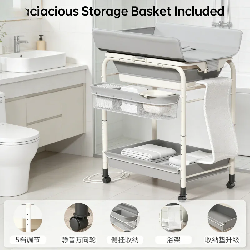 محطة تغيير حفاضات الطفل الفاخرة مع حوض الاستحمام للطي طاولة التمريض سلال جانبية تخزين الرف عجلات وغسل شبكة الرعاية 2-i