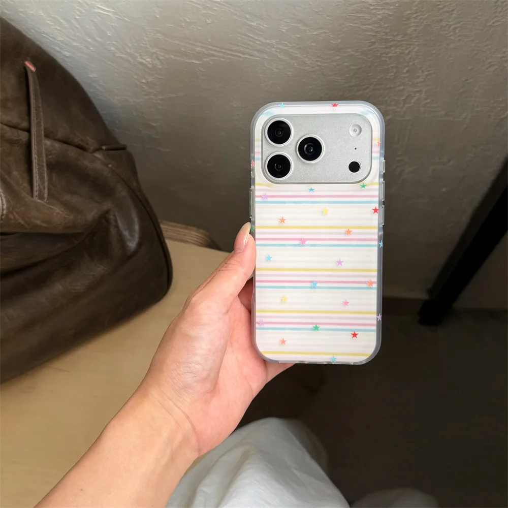 Pastel Color Stripes Star Phone Case For iPhone 15 16 17 Pro Max Cute Rainbow Multicolor Star Print Shockproof Hard Cover