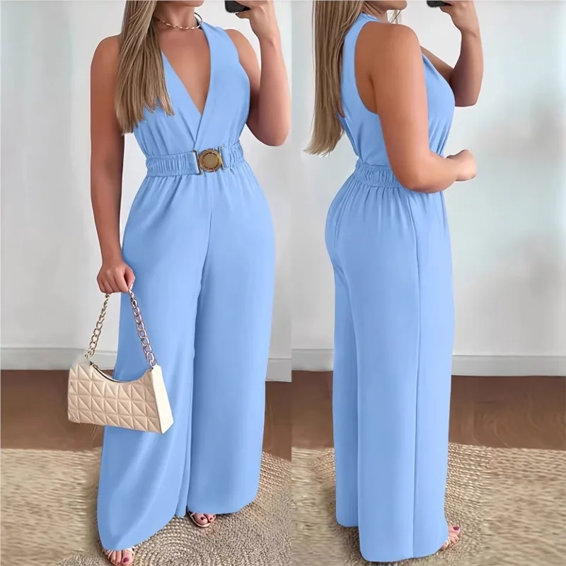 

Fashion Elegant High Waist Jumpsuit Women 2026 New Summer V-neck Sleeveless Solid color Wide Leg Pants Romper Jumpsuits Overalls