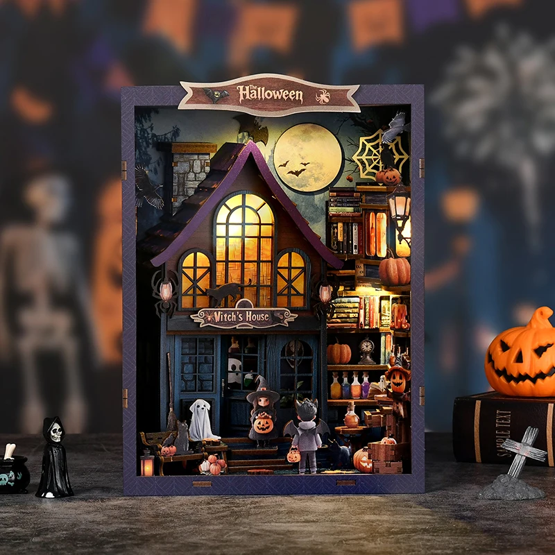 DIY Buchecke Holz Miniatur Modellbausätze Helloween Castle Wonderful Night Buchstütze 3D Puzzle Bücherregal für Freunde Geburtstagsgeschenk