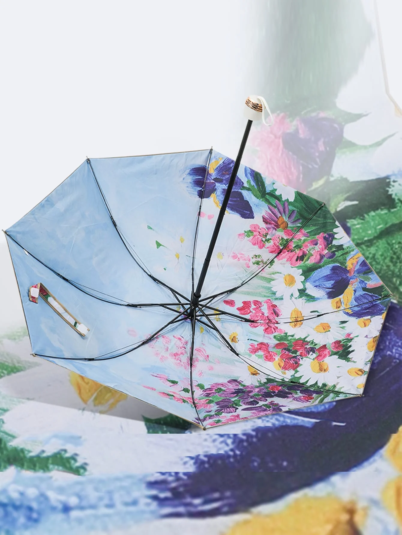 Double layer Fabric Foldable Inner Printed Small Black Umbrella, Sunny And Rainy Dual-use UV Protection Umbrella