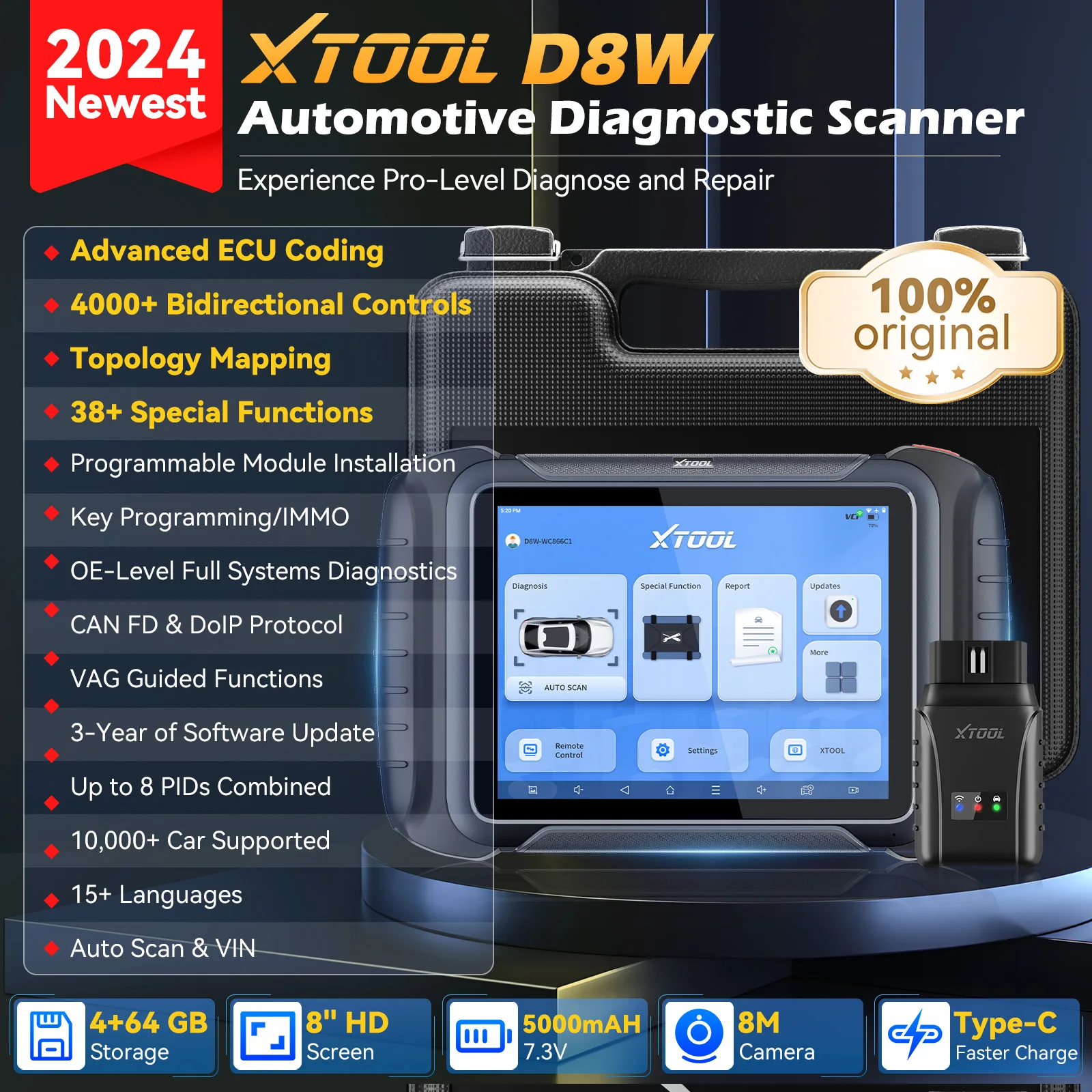 XTOOL D8W Car Diagnostic Tool D8BT Full systems Bi-Directional Scan Tool ECU Coding Topology Map 38+ Reset FCA&DOIP&CANFD