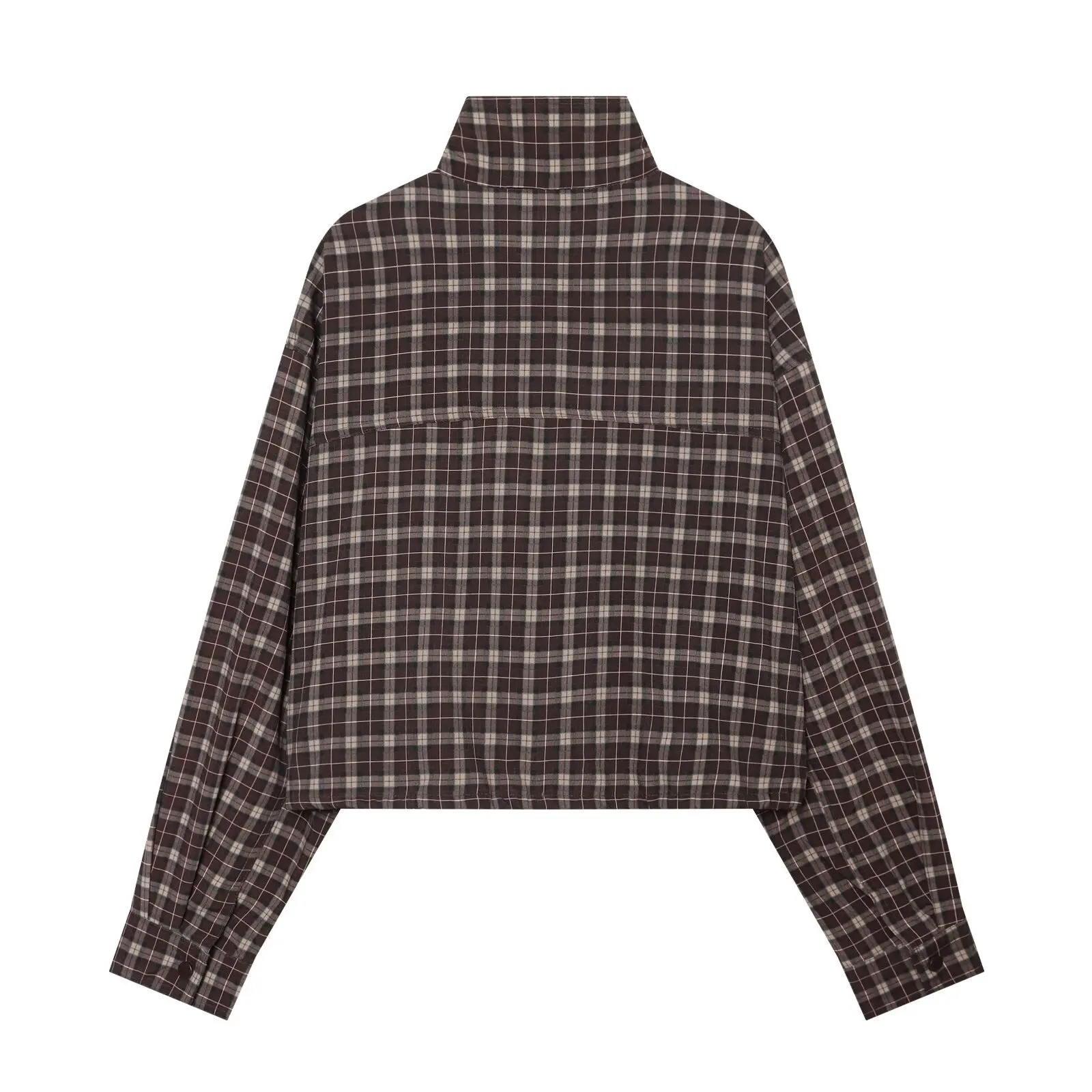 Women's Jacket 2026 Autumn New Arrival Dark Brown Plaid Long Sleeve Stand Collar Relaxed Fit Parka Casual Fashion Unique