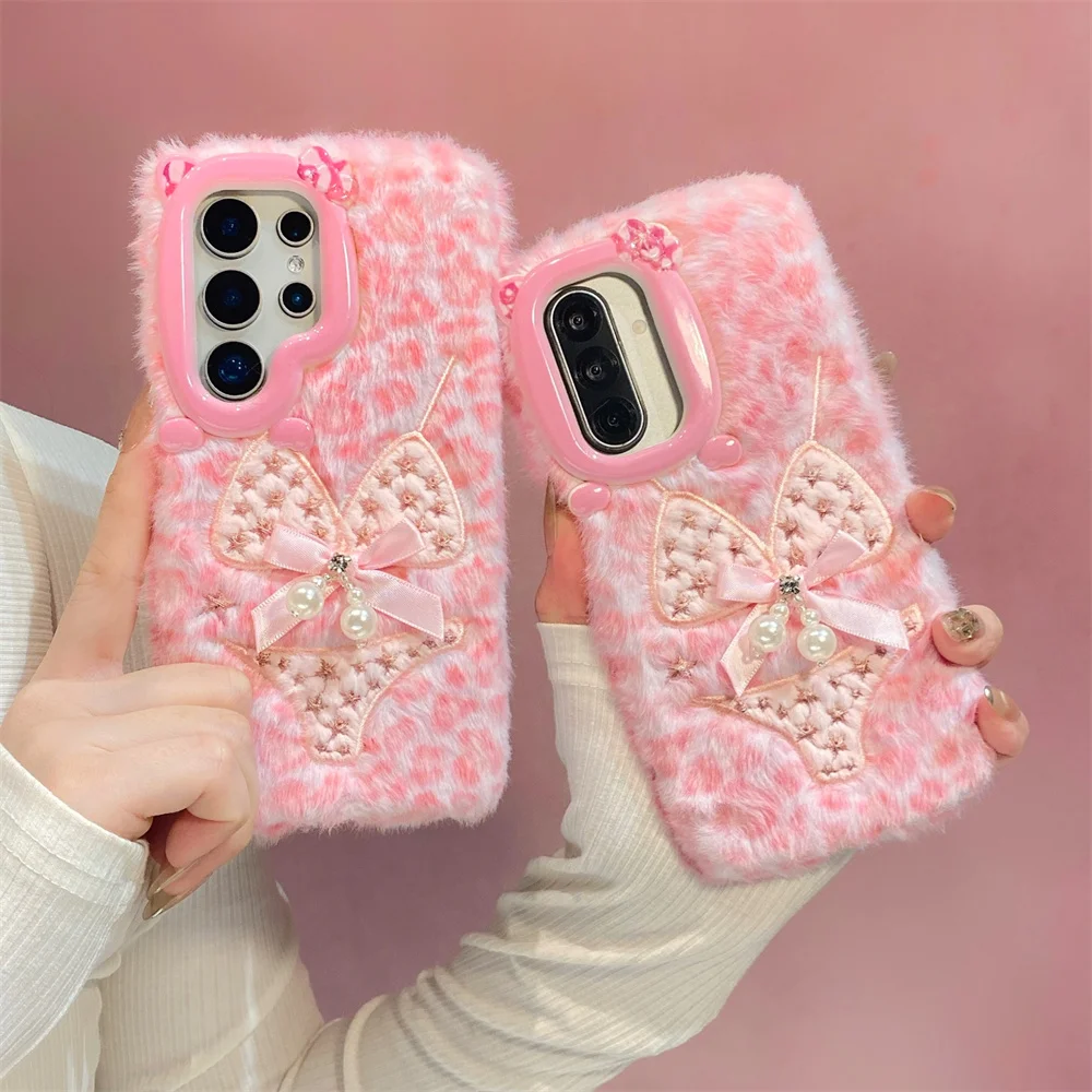 Retro Pink Leopard Bikini Fuzzy Plush Phone Case for S26 Ultra Cute Bow Pearl Protective Cover for Samsung Galaxy S25 S23 A57