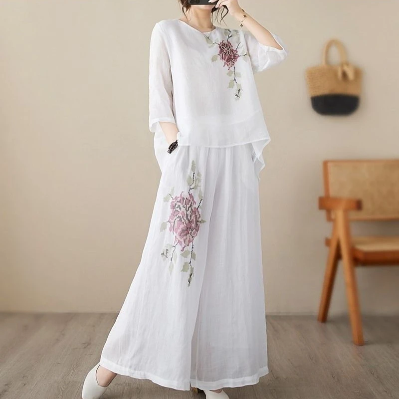 

Women's Summer Cotton Linen Set Vintage Embroidery Short Sleeve Top Wide Leg Pants Lightweight Slim Fit 2 Piece Outfit
