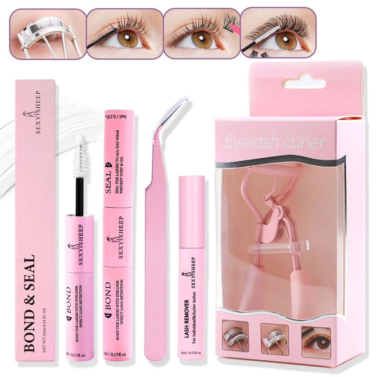 Eyelash Makeup Tool Kit Bond and Seal,Remover,Tweezers,Makeup Eyelash Curler Beauty Tools Eyelash Handle Curl Eye Lash Curler