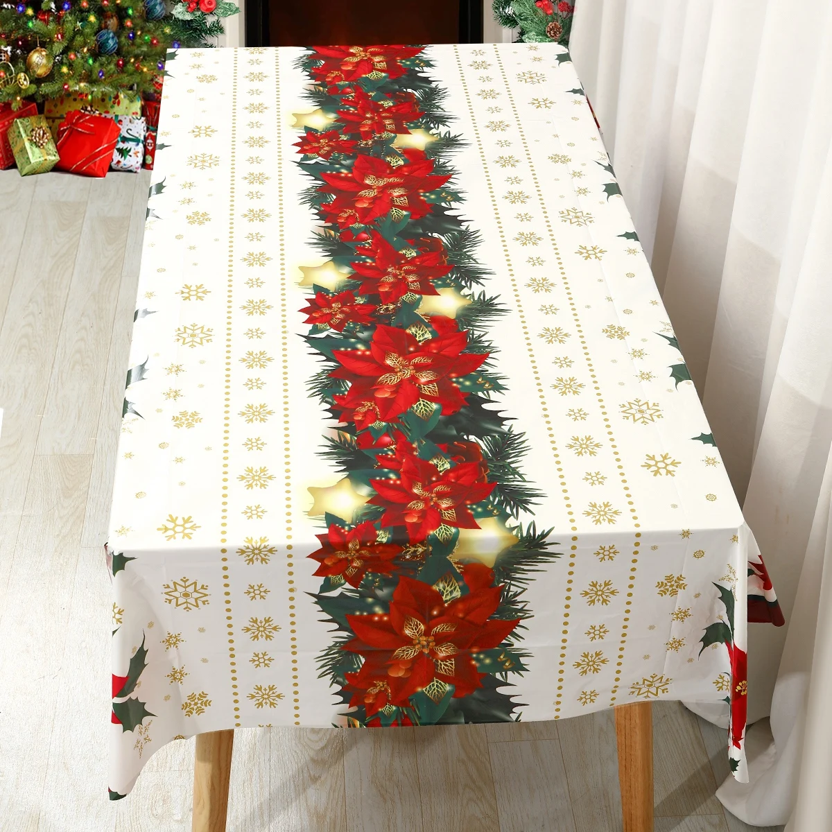 Disposable Christmas Tablecloth Holly Xmas Flower Table Cover Christmas Decorations for Home 2024 Navidad Noel Gift Table Decor
