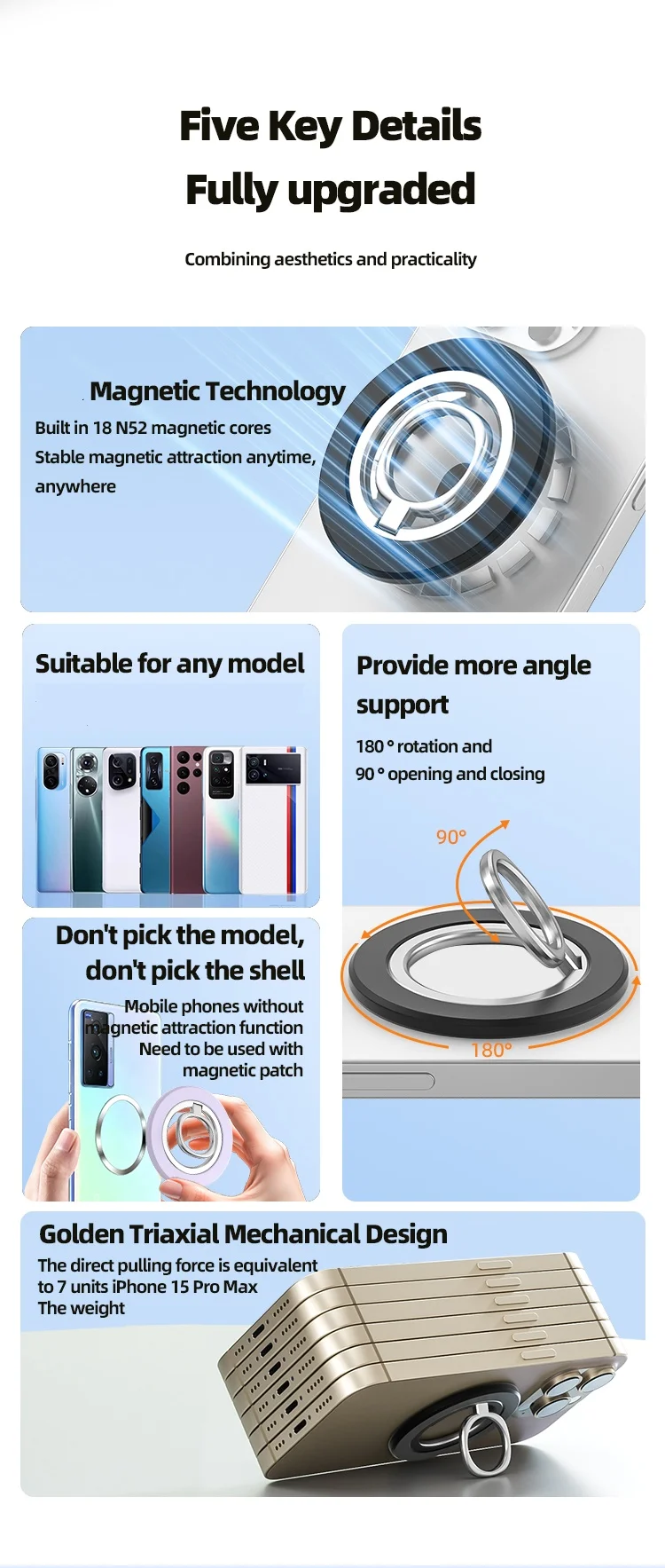 Mobiltelefon, zusammenklappbar, starker Magnethalter für Magsafe Fingerring 360 ° Rotationshalterung Magnetständer für iPhone 16 15 Samsung – Detail 2