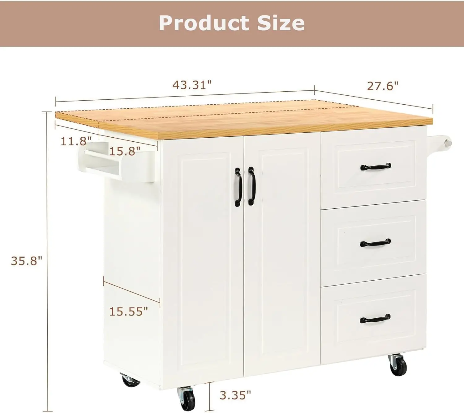 4 EVER WINNER Kitchen Island Cart with Drop Leaf & 3 Drawers, 43” Kitchen Island with Storage Cabinet on Wheels, Spice Rack, Tow