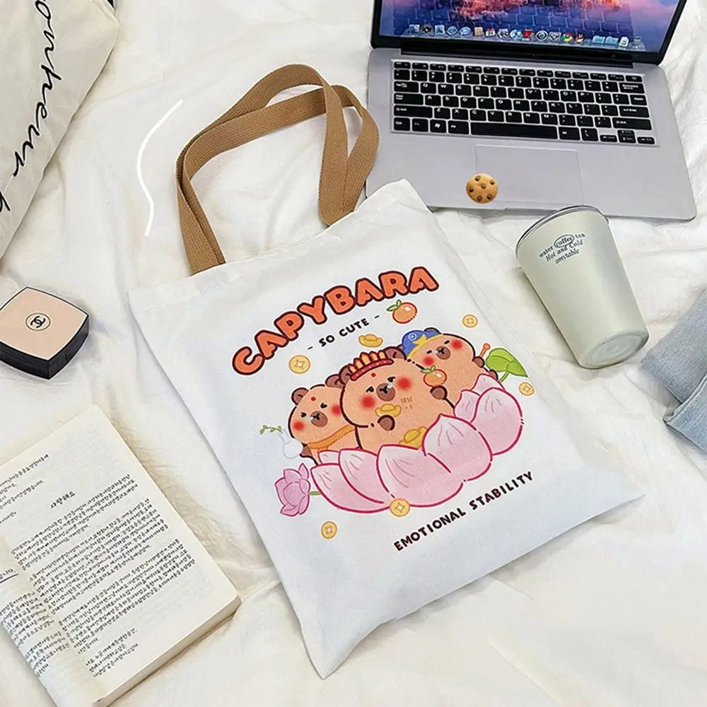 Kawaii Print Anime Cartoon Capybara Handbag Large-capacity Reusable Canvas Bag Durable Wear-resistant Tutorial Bag Tablet
