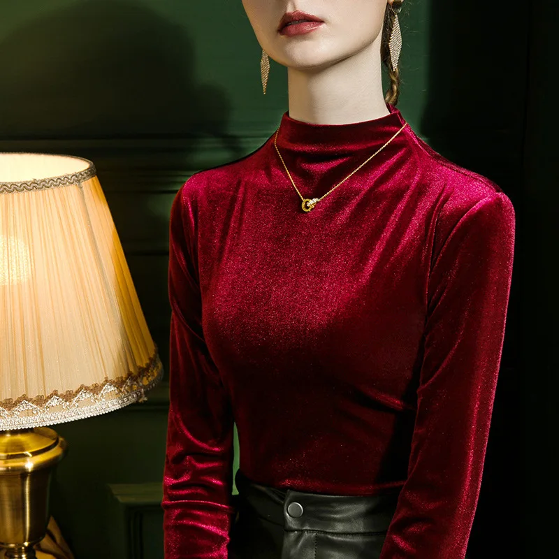 

2023 Autunm women turtleneck long sleeve velour shirts Winter velvet blouse office lady tops shirts