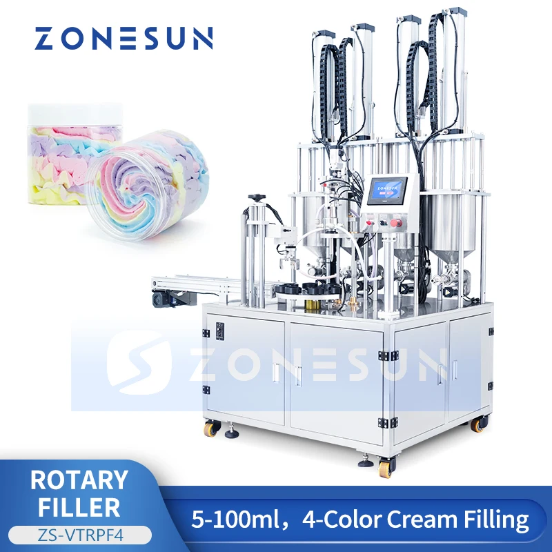 ZONESUN ZS-VTRPF4 Riempitrice automatica per crema a 4 colori |   Riempitore cosmetico rotante per vasetti da 5-100 ml