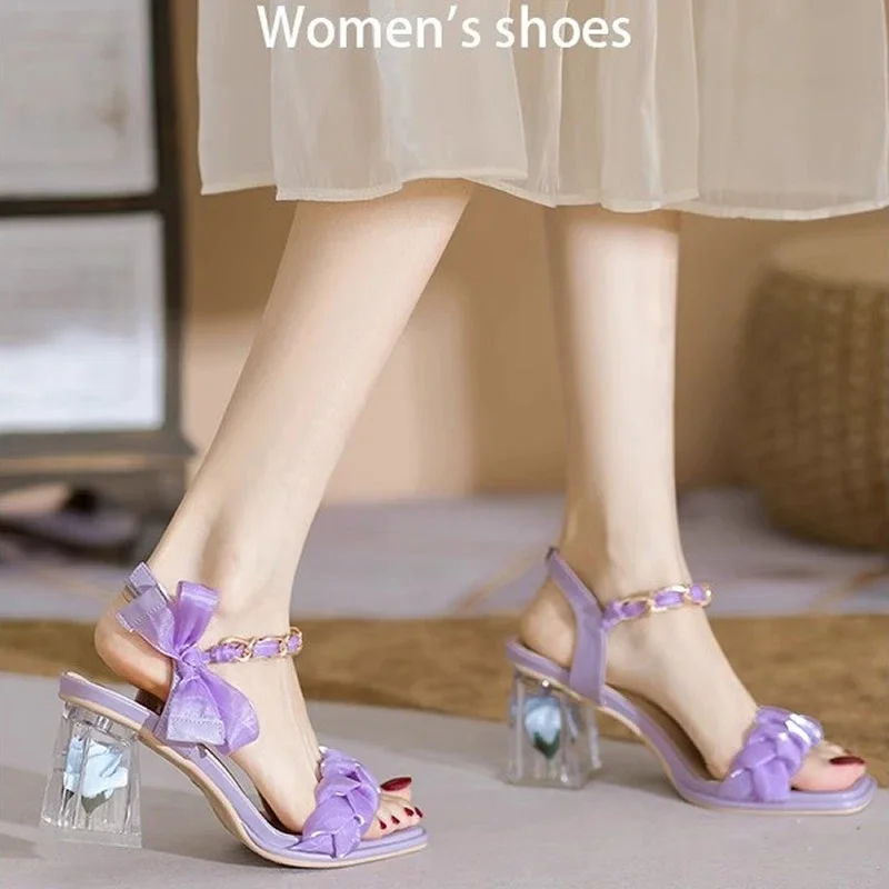 2024 Summer New Fashion High Heel Sandals Female Elegant Wedding Shoes Open Toed Bow Buckle Sandals Female Zapatos De Mujer