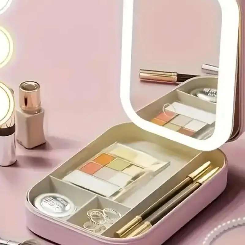 

Foldable Pink Leather LED Makeup Mirror Box, USB Rechargeable Travel Organizer, Compact & Portable Design