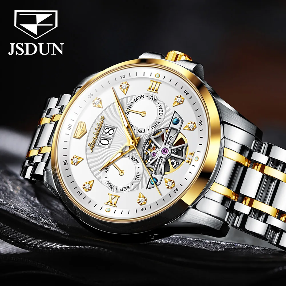 JSDUN 8911 Automatic Mechanical Watch for Men Sapphire Mirror Multifunction Skeleton Wristwatch Waterproof Business Men\'s Watch