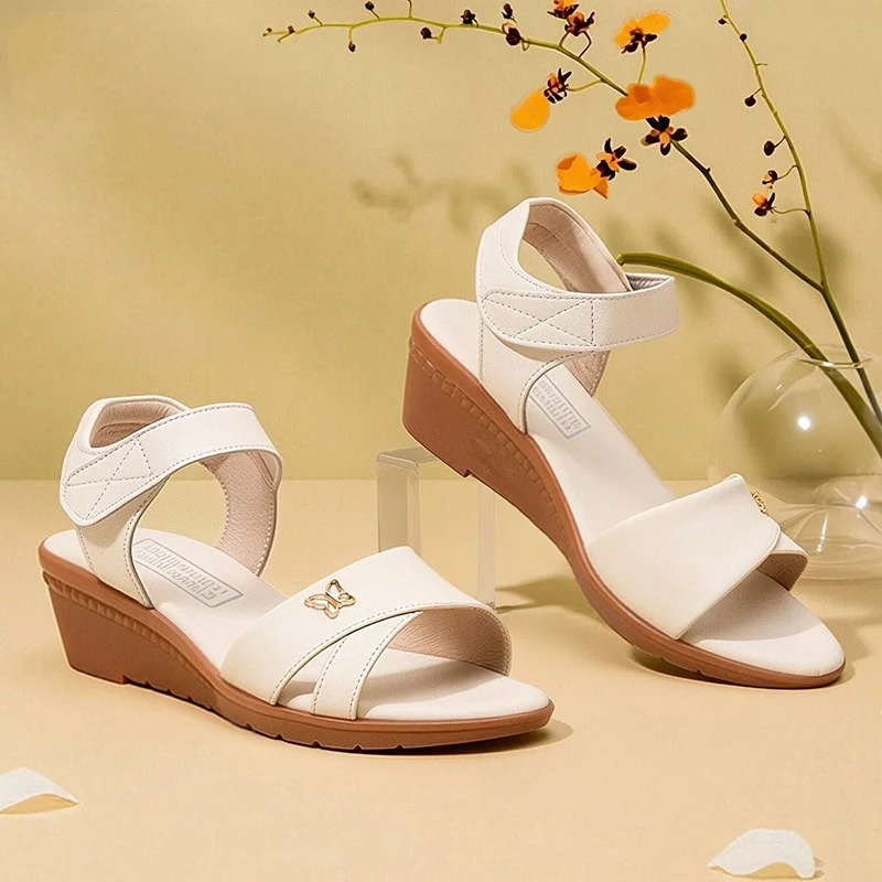 5cm Fashion Comfortable Genuine Leather Shoes Platform Sandals Summer 2026 Women's Wedges Sandals for Office Mom Daily Beach