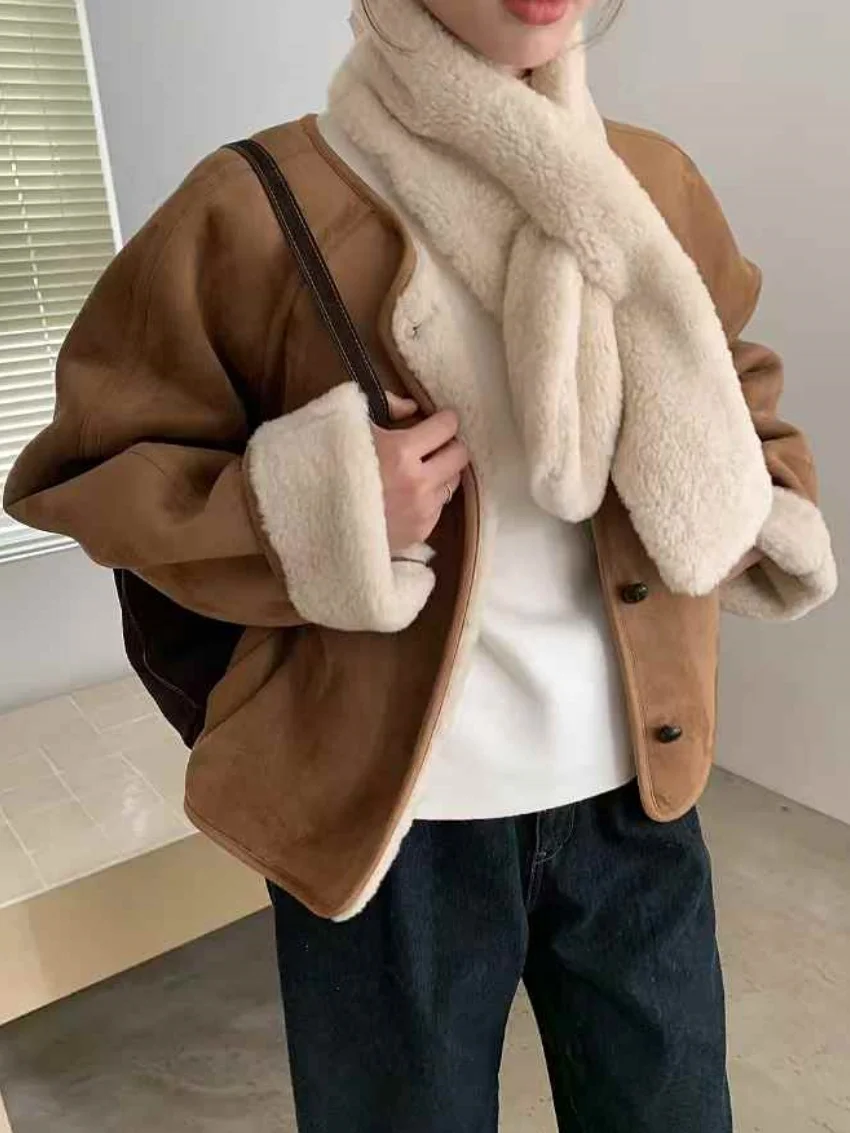 

Alien Kitty Minimalist Gentle Coats Winter Casual With Scarf New Sweet 2025 OL Loose Women Thicken Sweet Girls Daily Fashion