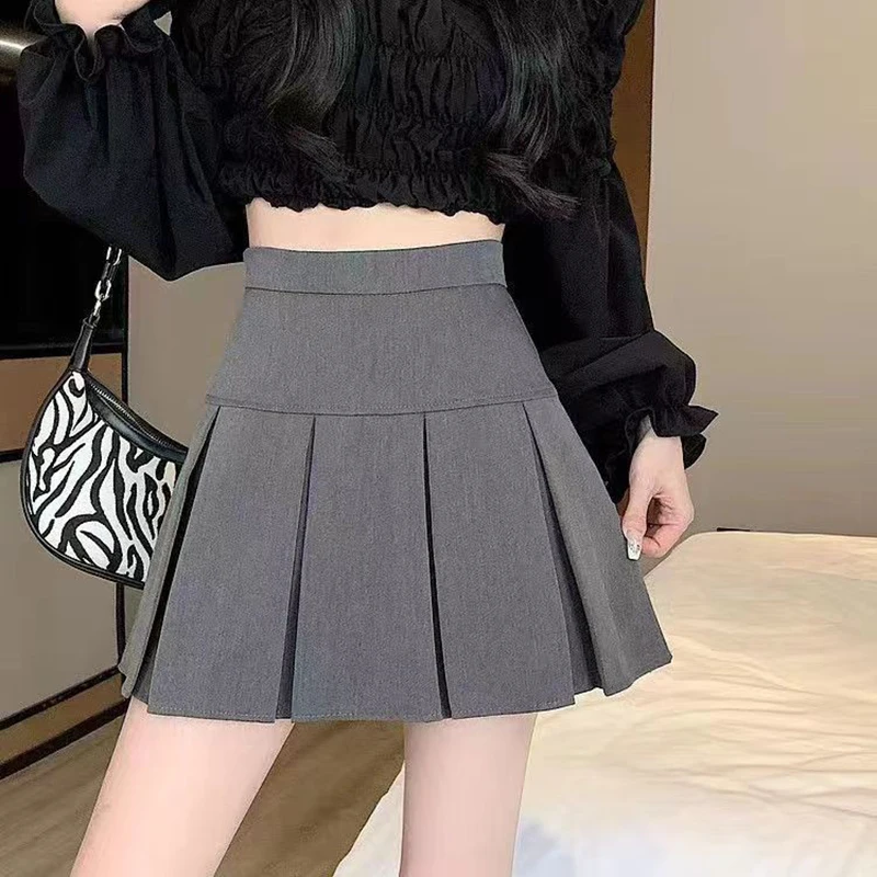 

Vintage Gray Pleated Skirt Women Kawaii A Line High Waist Mini Skirt Korean Harajuku Streetwear Preppy Uniform Ladies Suit Skirt