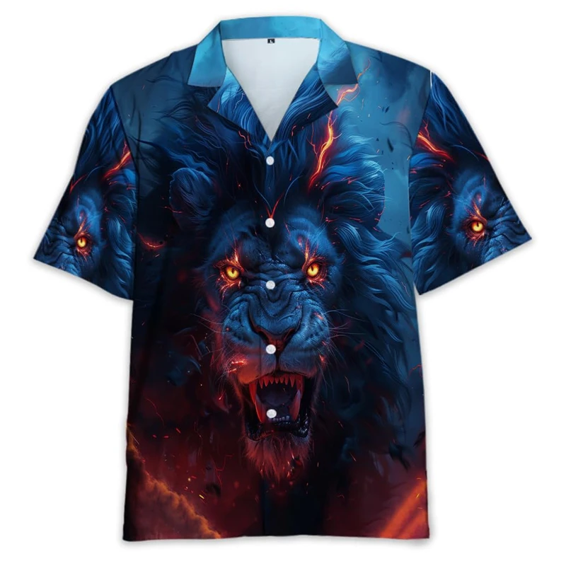 Camisa de praia masculina e feminina 3D com estampa animal, camisa de manga curta casual com estampa leão, blusa confortável havaiana para férias