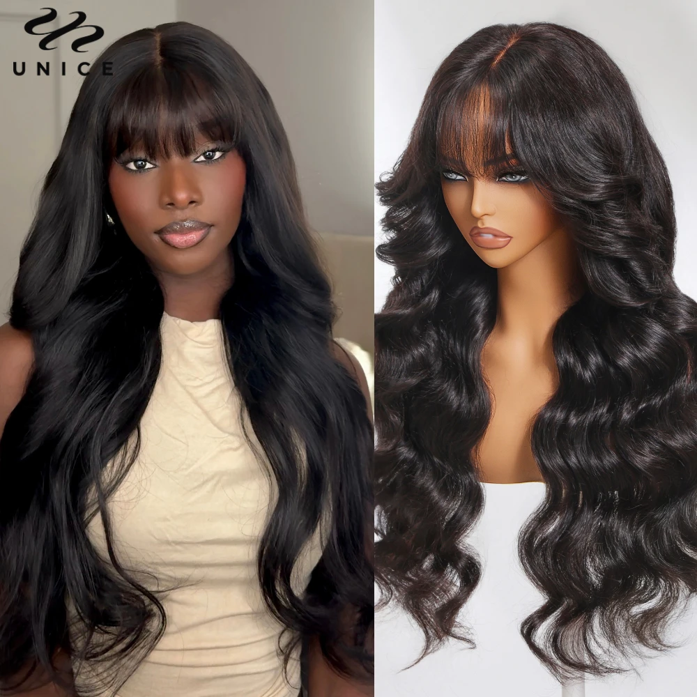 UNice No-Slip 7x5 & 13x4 Lace Fluffy Loose Wave Wig With Wispy Bangs & Drawstring Pull & Go Glueless Human Hair Wigs