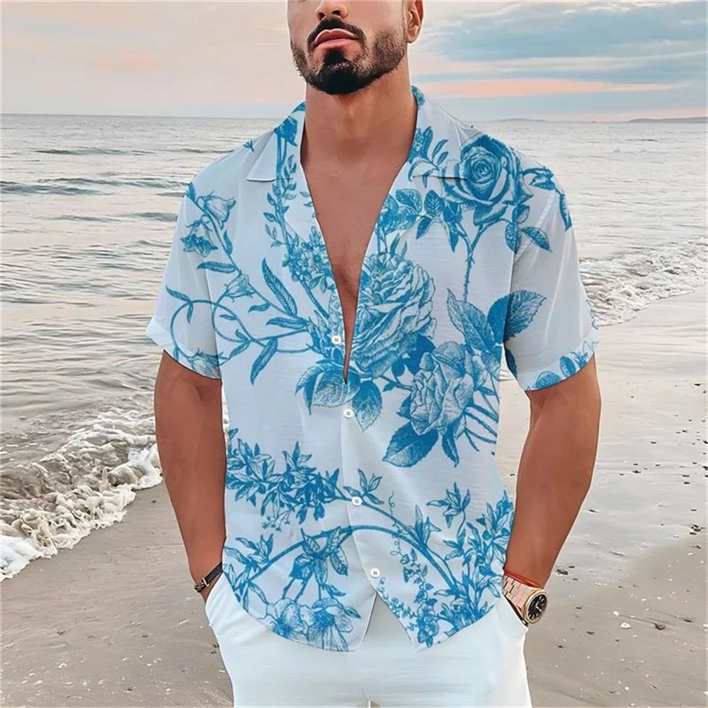 Summer men's casual short sleeved shirt Beach shirt Plant flower 3D printed Hawaiian men's lapel short sleeved shirt 2024 New