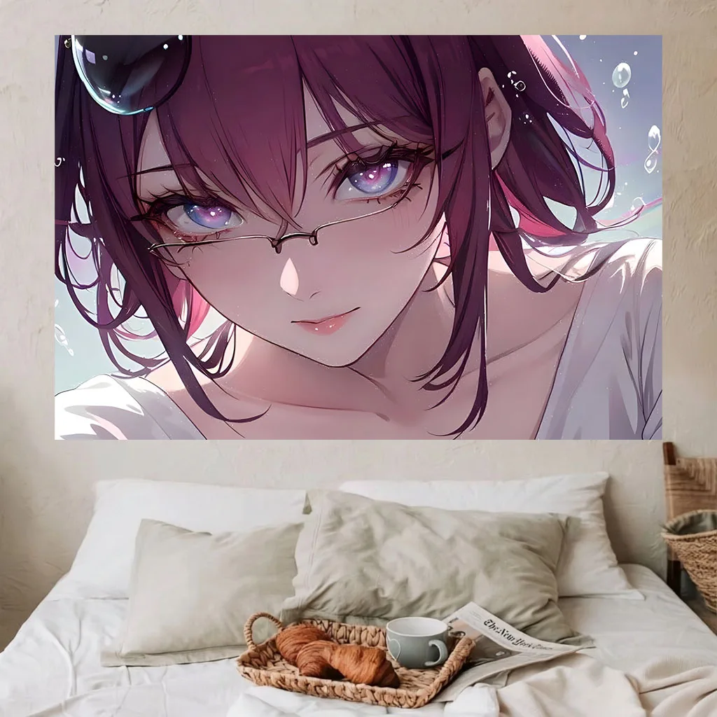 Cute Anime Tapestry Purple Hair Glasses Girl Close‑up Portrait Wall Hanging Art for Dorm Bedroom Manga Fan Room Home Decor