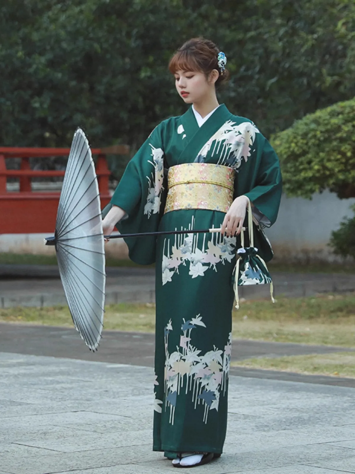 Kimono hijau Retro dengan tas tangan Kimono Jepang anak perempuan manis fotografi Jepang ditingkatkan