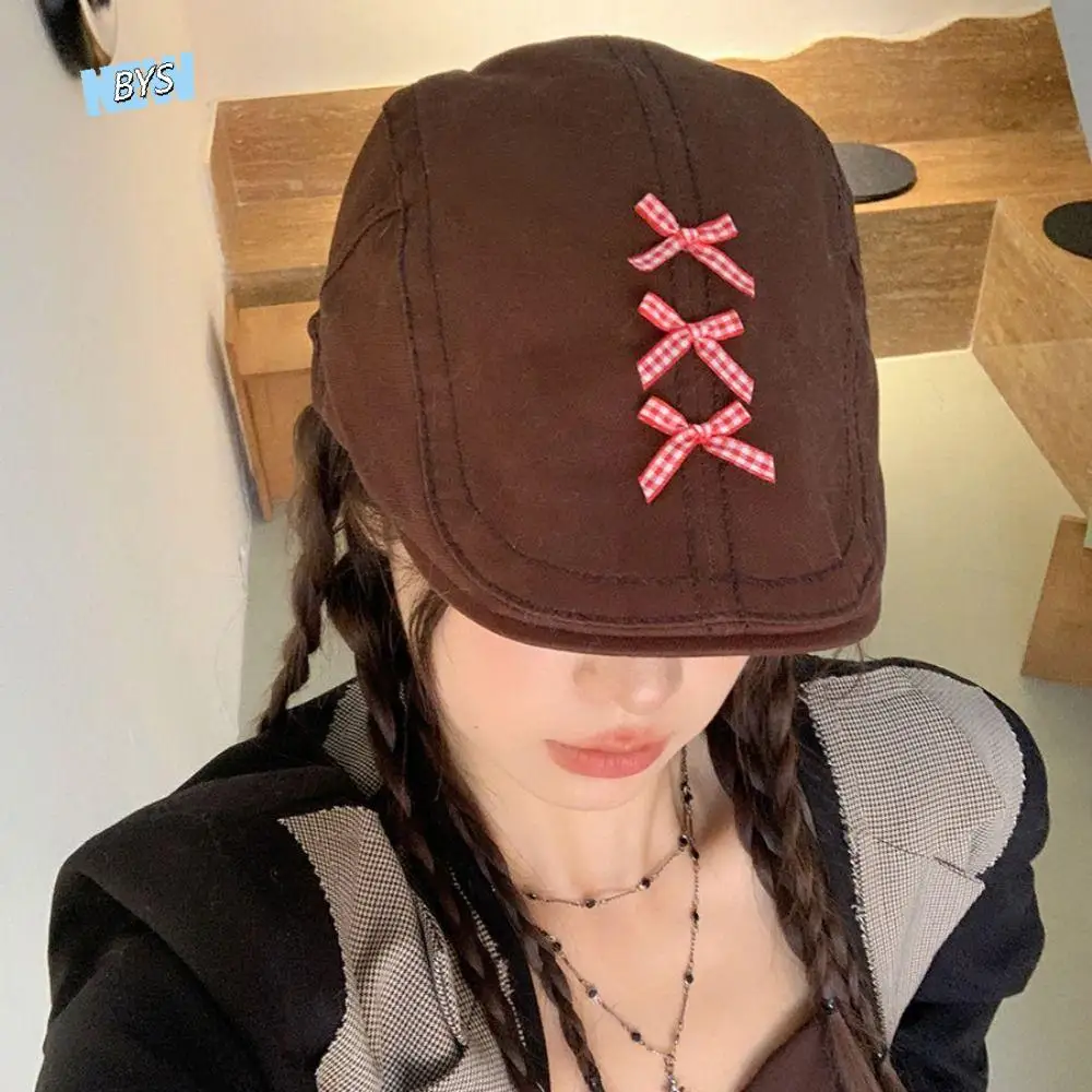 

Japanese Bow Retro Beret Lattice Solid Women Painter Hat Korean Style Beanie Female Artist Hat Women