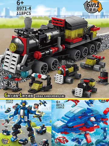 NEW DIY 6in1 Train Track Robot Helicopter Vehicle Building Blocks Kit Girls Bricks Movie Model Kids Toy