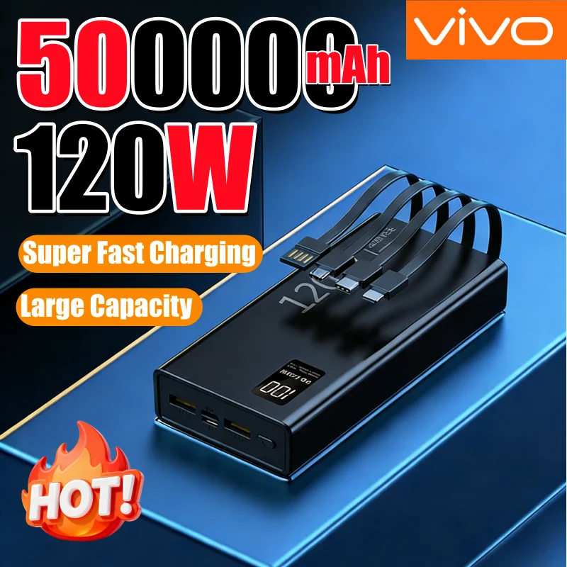 VIVO 500000mAh 120W Power Bank Built in 4 Cables Large Capacity Super Fast Charging Portable External Battery for iPhone Huawei