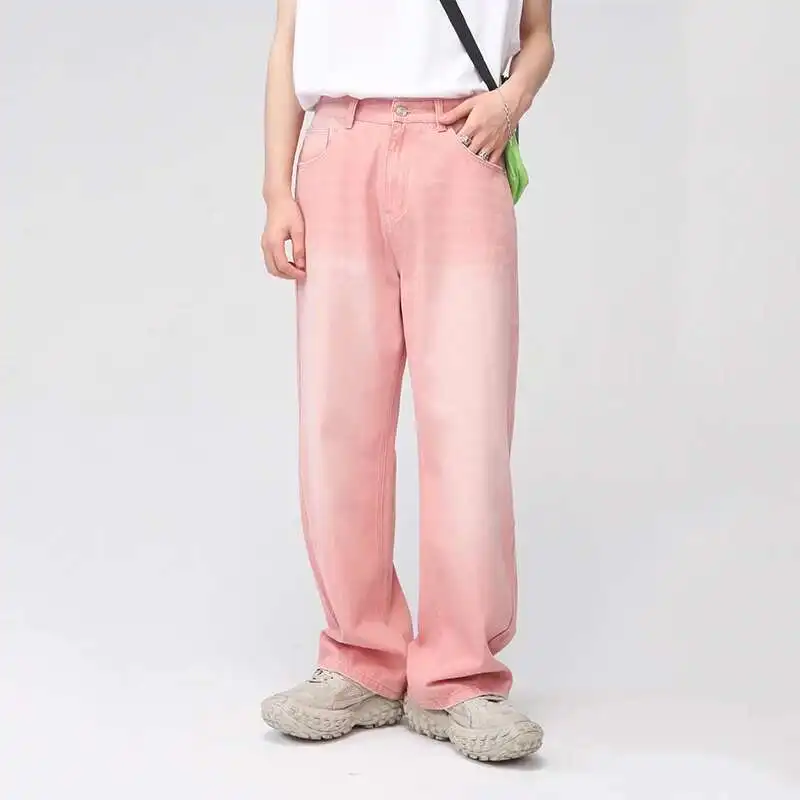 الرجال الجينز جديد الكورية شخصية مستقيم واسعة الساق الدنيم السراويل أزياء الخريف الربيع خمر الذكور السراويل