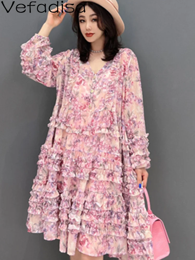 Vefadisa 2025 Summer V-neck Dress Loose Mid-length Flower Print Personalized Chiffon Leisure Dress Pink Women Skirt ZY896