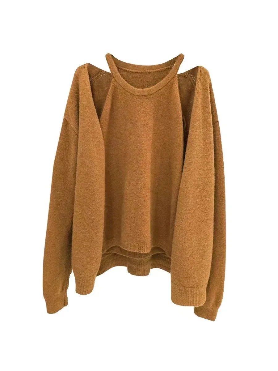 Soft Cozy 2025 Autumn Winter Women's Knitted Sweater Set with Strap Casual Inner Wear Long Sve High Collar Loose Fit Faion