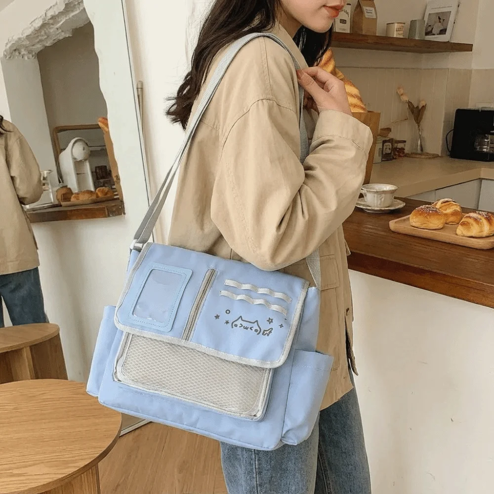 

Lightweight Waterproof Transparent Crossbody Bag Kitten Pattern Badges Display Plate Japanese Harajuku Bag Large Capacity PVC