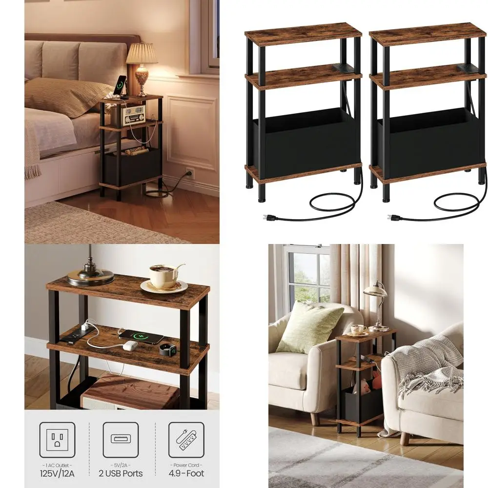 

Compact 2-Piece End Table Set with Charging, Slim Side Table, Storage Basket, Rustic Black/Brown for Living Room, Bedroom