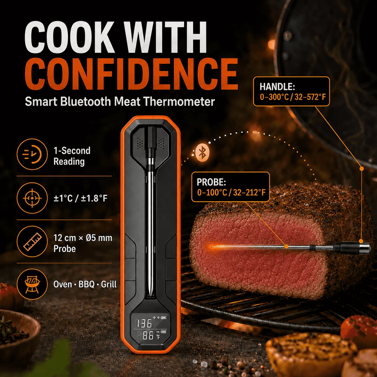 Wireless Bluetooth Cooking Thermometer Digital Probes Thermometer with LCD Screen Smart APP for Grilling Smoker BBQ Oven
