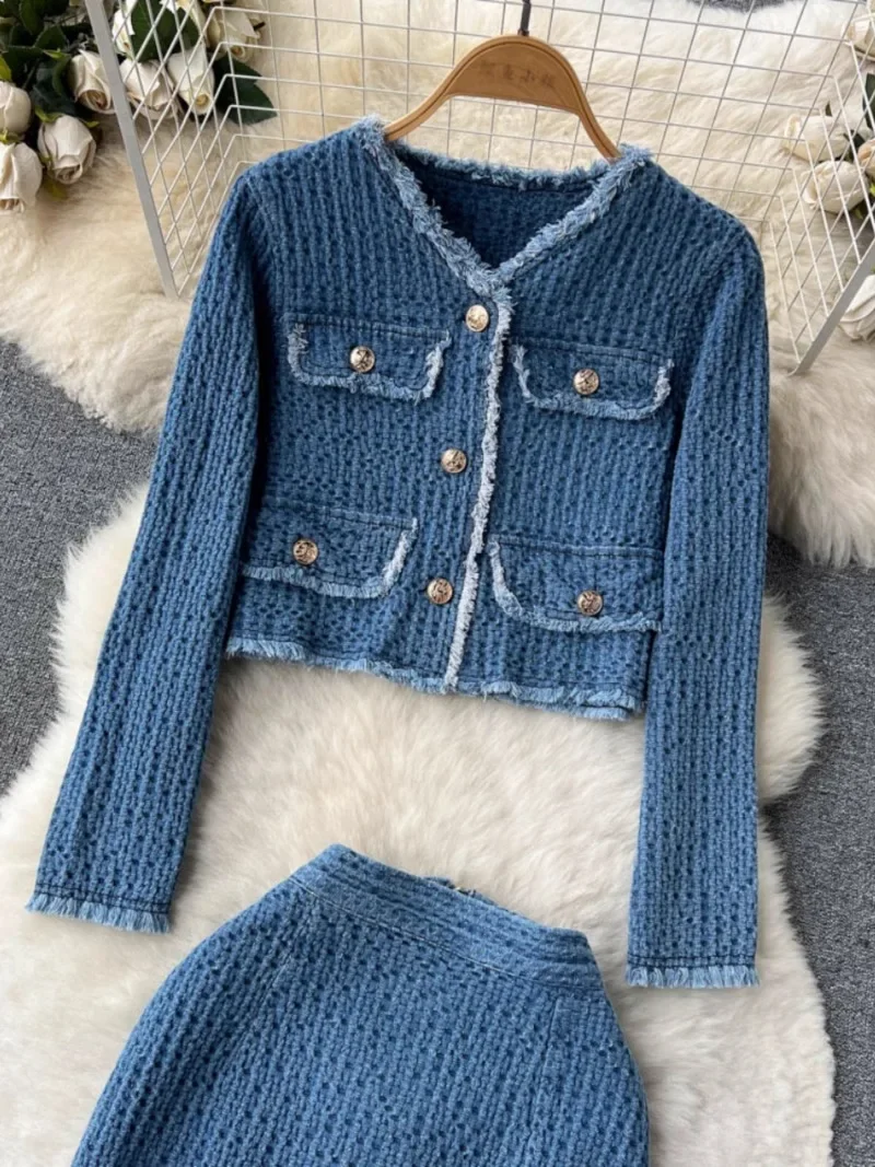 Denim Suit Women Raw Edge Long Sleeve Short Jeans Jacket + Split Midi Skirts Autumn Small Fragrance Style Two-piece Set
