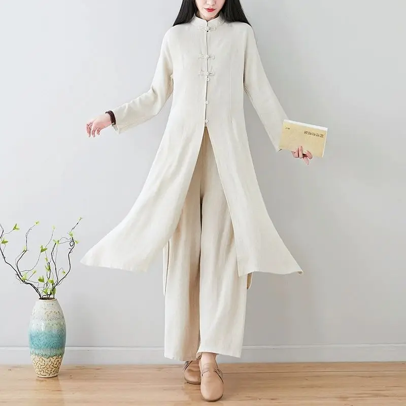 

Spring new Chinese style two-piece set women's stand up collar single breasted long sleeved slit design long top+wide leg pants