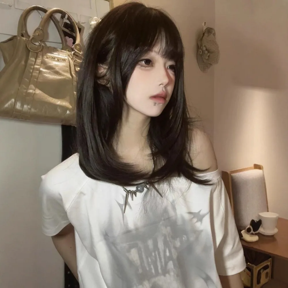 18inch Fashion Synthetic Short Straight Hair Wig for Women Korean Natural Fluffy Fake Hair Piece Wig for Female Daily Party Use