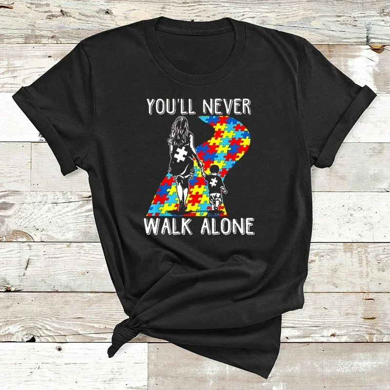 Graphic Tee Kindness Shirt You'll Never Walk Alone Letter Puzzle Piece T-shirt Aesthetic Autism Awareness Tops Tee Women Clothes