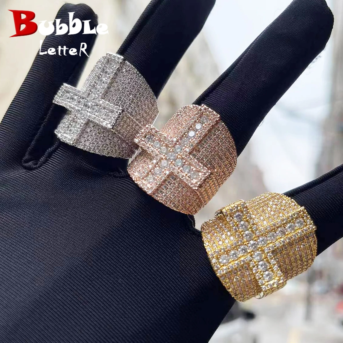 Bubble Letter Cross Ring for Men Iced Out Real Gold Plated Bling Fashion Rapper Hip Hop Jewelry 2022 Dropshipping Best Selling